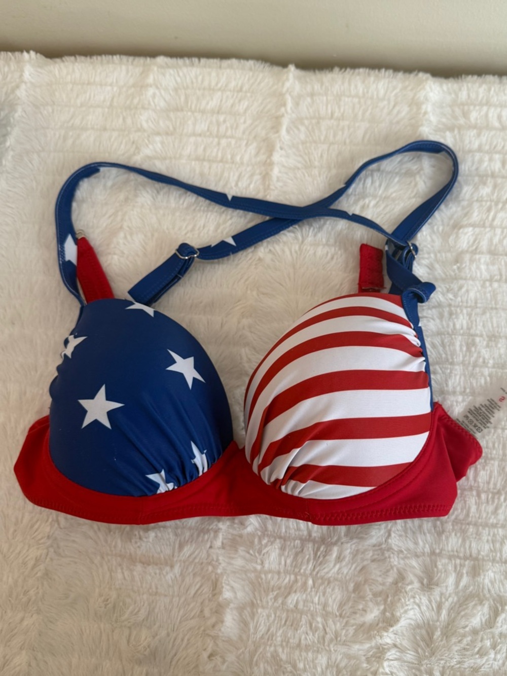Red & White Striped Bikini Top with Blue Trim